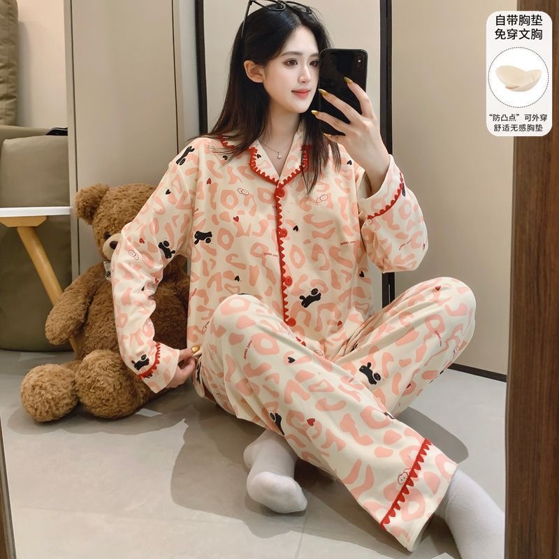 豹纹猫咪秋冬新款德绒带胸垫女款长袖加厚保暖睡衣套装宽松家居服