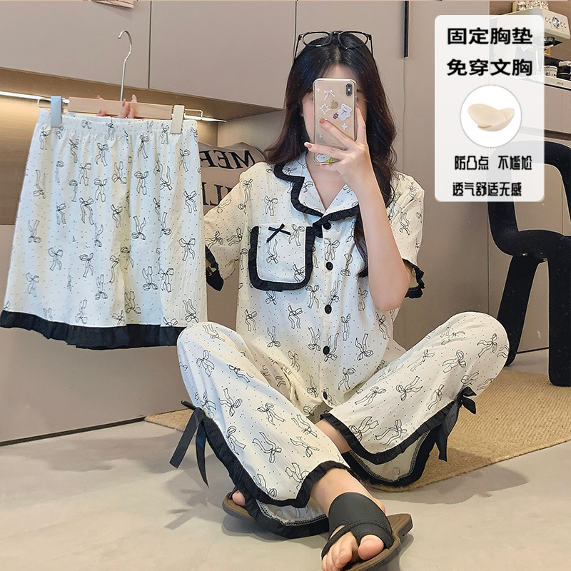 睡衣女春夏季2025新款带胸垫蕾丝拼接波点短袖长裤家居服三件套装