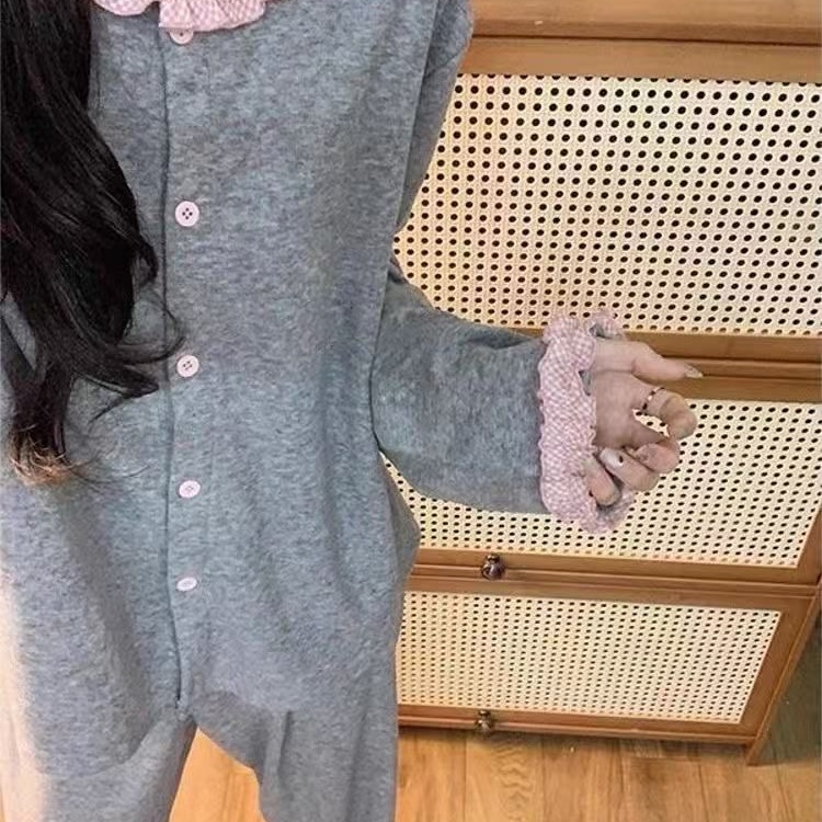 睡衣女秋冬季2025新款甜美拼接荷叶边格子花边保暖德绒家居服套装