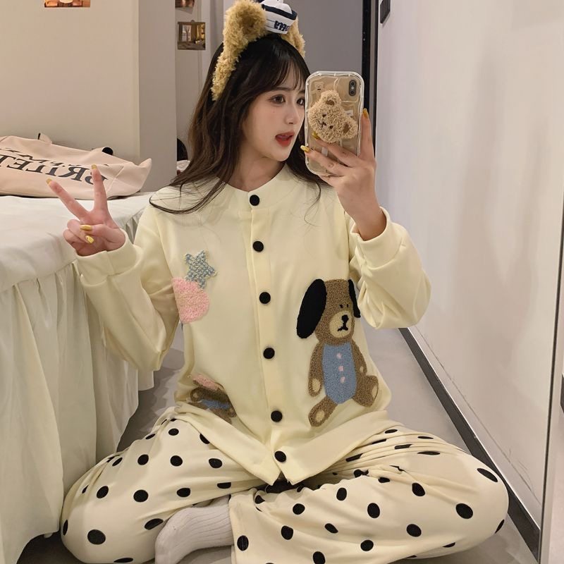 秋冬德绒卡通睡衣保暖加厚女士开衫长袖可爱可外穿家居服套装