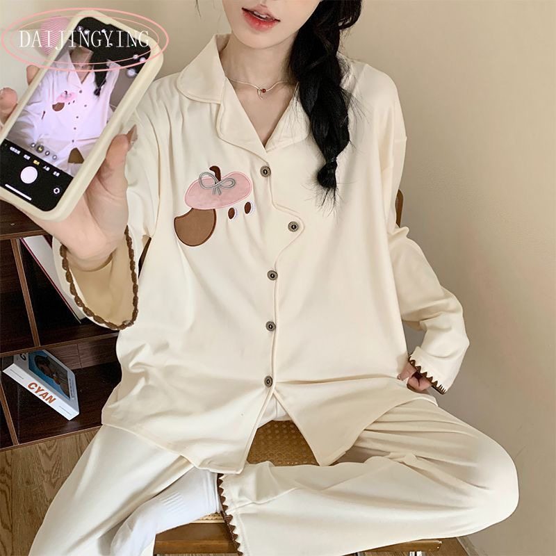 ins风韩版简约羊绒睡衣女秋冬季保暖卡通小狗长袖长裤家居服套装