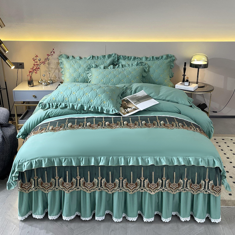 全棉加厚四件套夹棉纯棉床裙韩式双人床罩公主风1.8床2.2*2.4被套