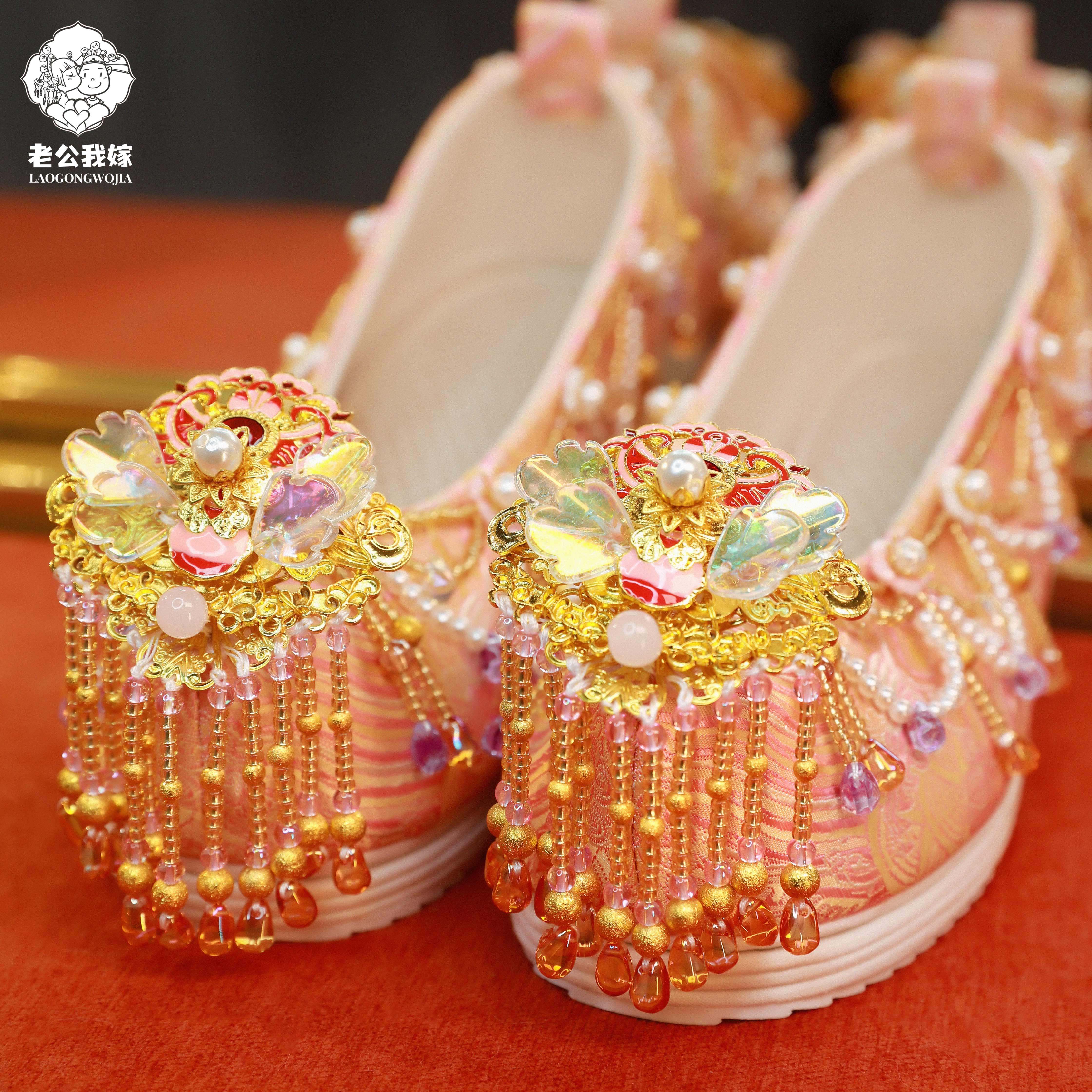 缘定三生 中式粉金色汉服鞋手工珍珠织锦鞋秀禾鞋内增高翘头鞋