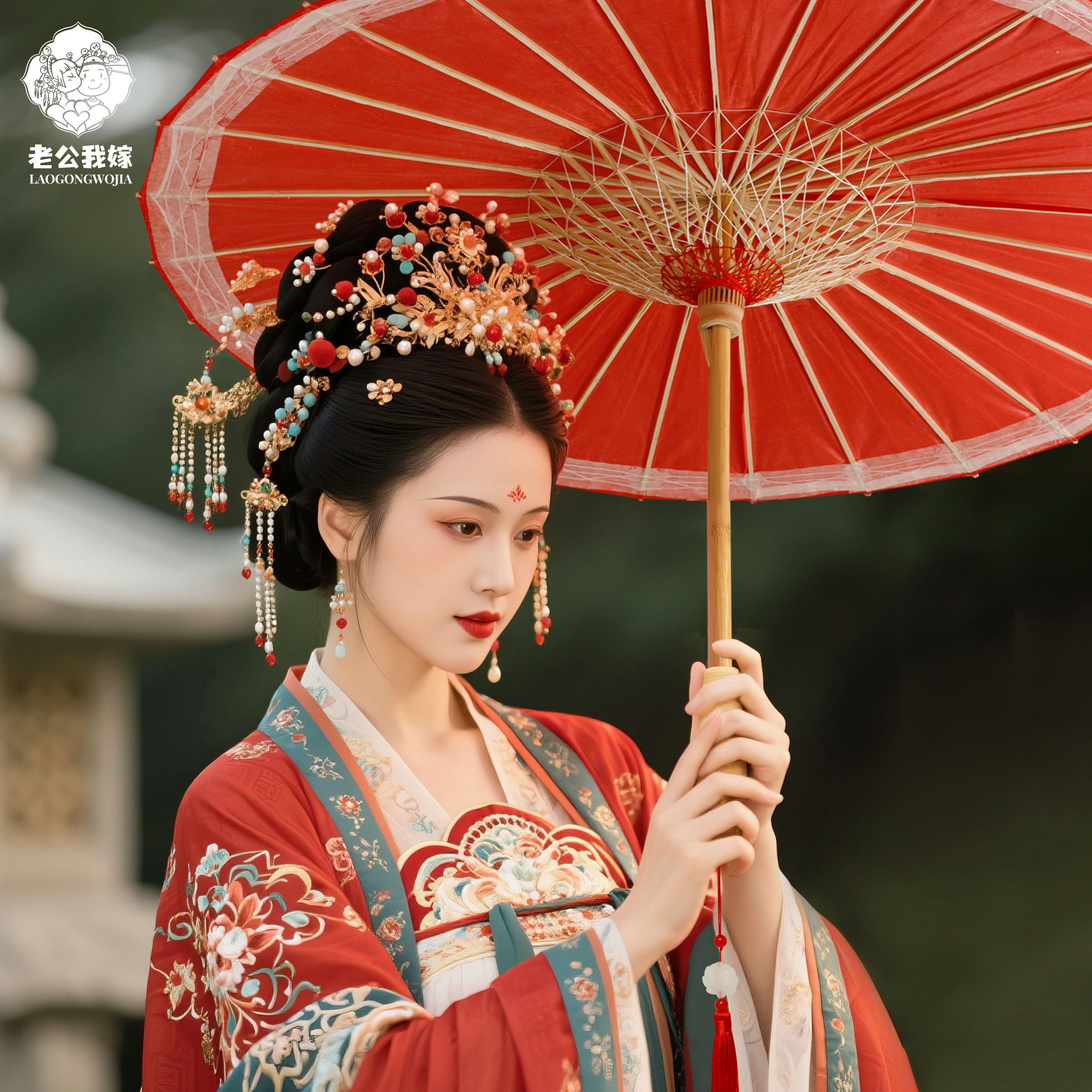 红色中式古风婚礼新娘出嫁油纸伞图片