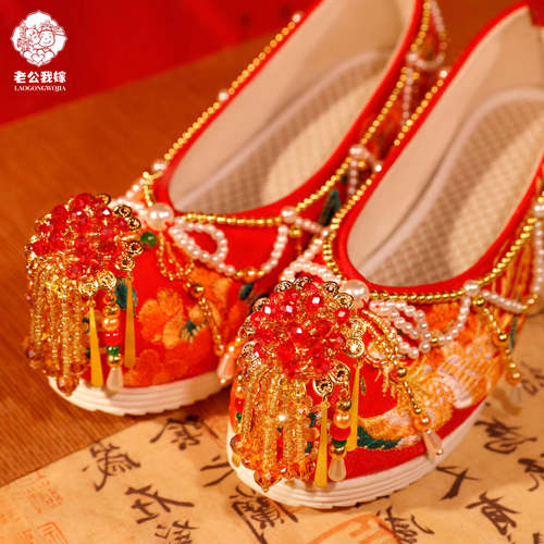 花好月圆 定制手工串珠绣花鞋汉服婚礼古风中式新娘秀禾婚鞋增高