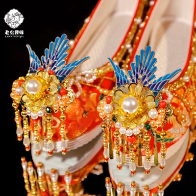 欢天喜地 原创红色秀禾婚鞋女古风中式婚鞋凤凰明制汉服婚鞋增高