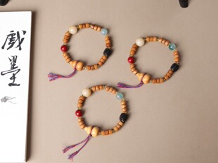 桃木木雕药片桶珠单圈手串佛珠葫芦配饰文玩念珠男女情侣手链饰品