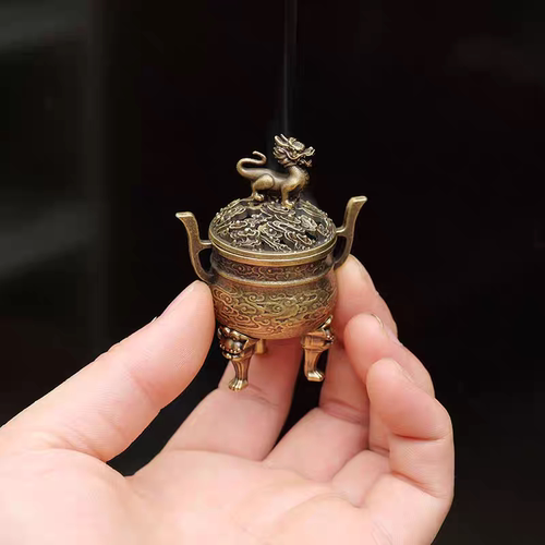 迷你麒麟古玩三足摆件狮子香薰炉麒麟小雕花合金铜器小祥云香沉香