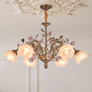 法式全铜吊灯美式复古客厅卧室玫瑰花朵浪漫田园中古餐厅吊灯
