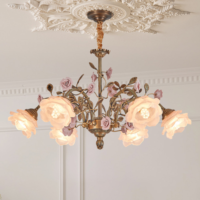法式全铜吊灯美式复古客厅卧室玫瑰花朵浪漫田园中古餐厅吊灯