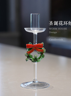 欧式复古圣诞花环玻璃烛台摆件 餐厅家用蜡烛座 立体蝴蝶结烛台