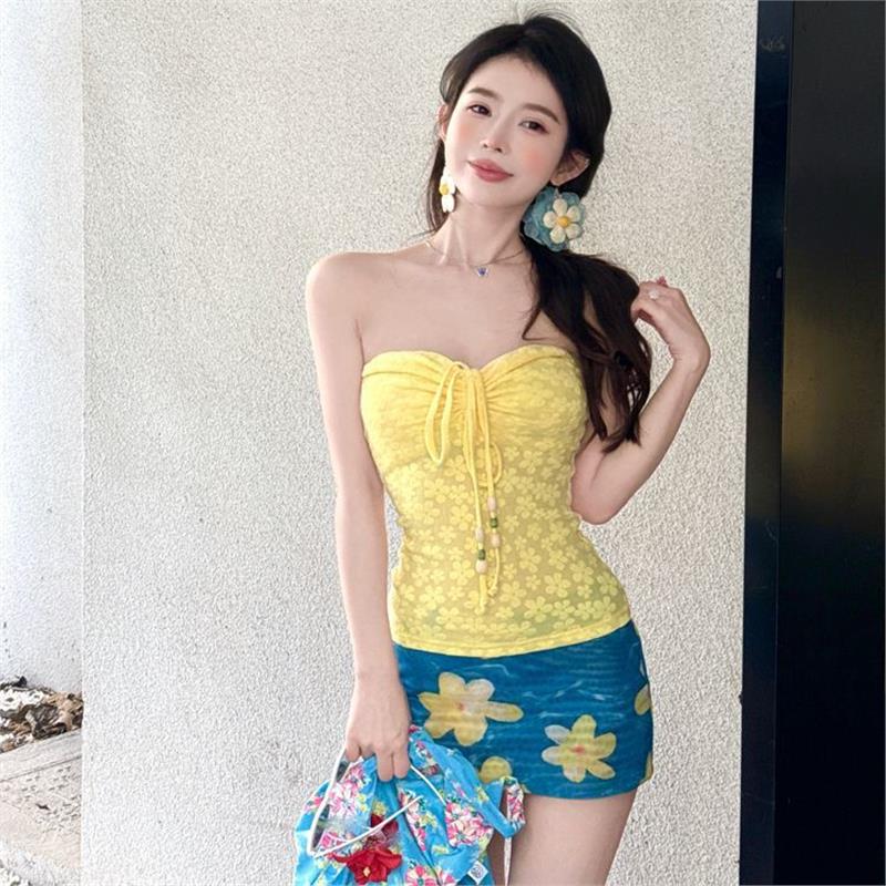 海边度假风辣妹比基尼分体泳衣女抹胸挂脖上衣高腰包臀短裙两件套