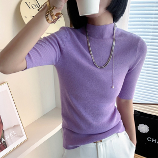 女春装 百搭打底衫 2026新款 修身 中袖 100%美丽诺羊毛中领显瘦针织衫