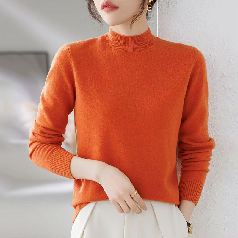 经典纯色100%羊毛衫女冬日半高领保暖百搭长袖常规款打底针织衫