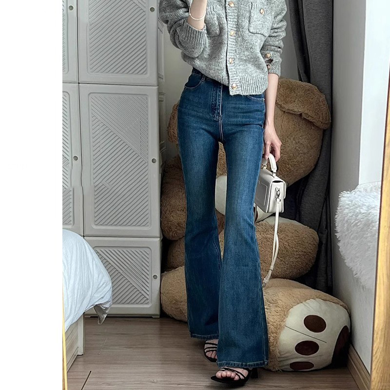 美式复古加绒微喇牛仔裤女秋冬新高腰弹力修身显瘦潮流百搭喇叭裤