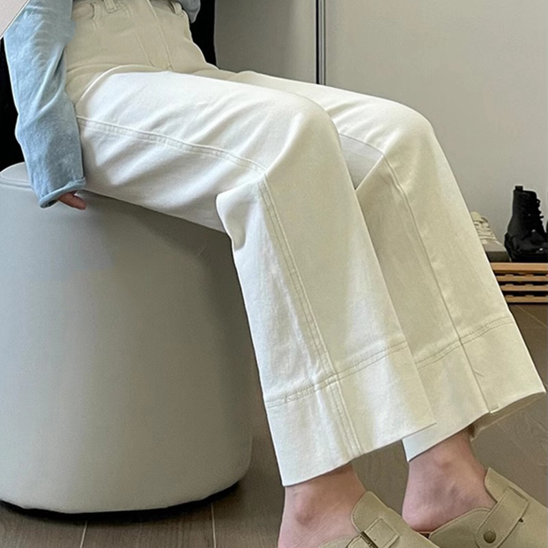 美式休闲弹力直筒白色牛仔裤设计感法棍裤时尚高腰显瘦百搭九分裤