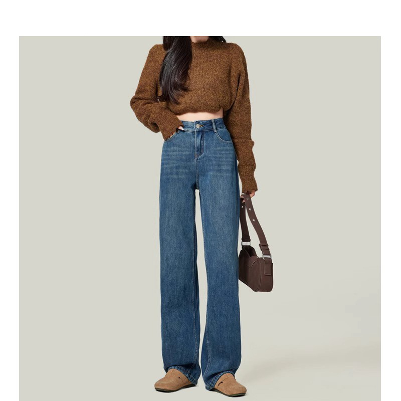 复古蓝窄版直筒牛仔裤女秋季