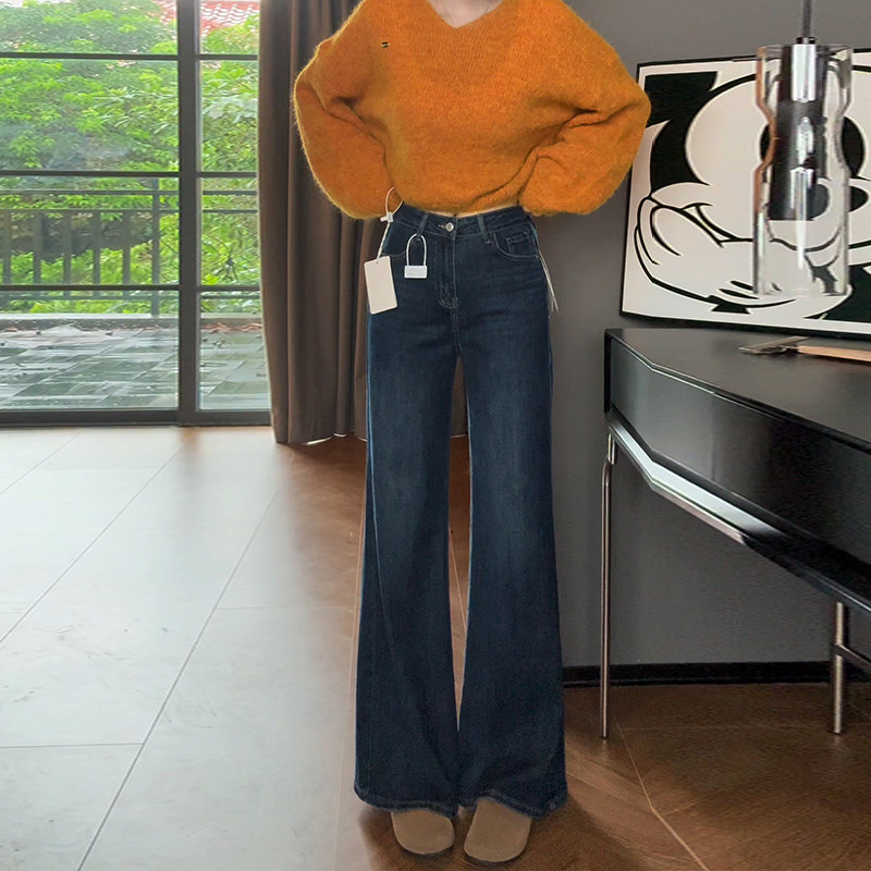 深蓝色不贴腿加绒微喇牛仔裤女2025秋冬新款高腰窄版阔腿喇叭裤子,女装/女士精品,牛仔裤,淘宝优惠券,粉丝福利购,淘宝优惠卷