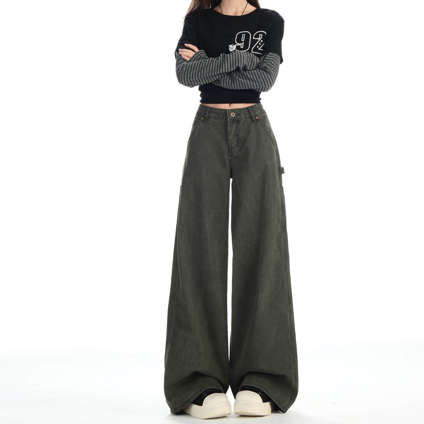 高街军绿色工装牛仔裤女秋季