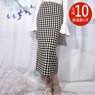复古格子针织毛线半身裙女秋冬高腰棋盘格纹直筒一步裙包臀裙长款