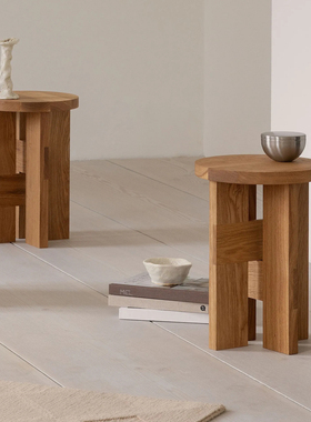 设计师款侘寂风极简原木纯实木北欧民宿中古风圆凳边几矮凳小板凳