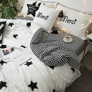 新款韩式水洗棉刺绣五角星四件套简约小清新纯色水洗棉四件套