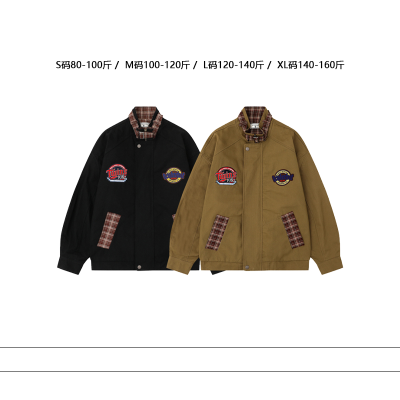 从未定义 美式工装风格子拼接立领夹克潮牌字母刺绣宽松百搭外套