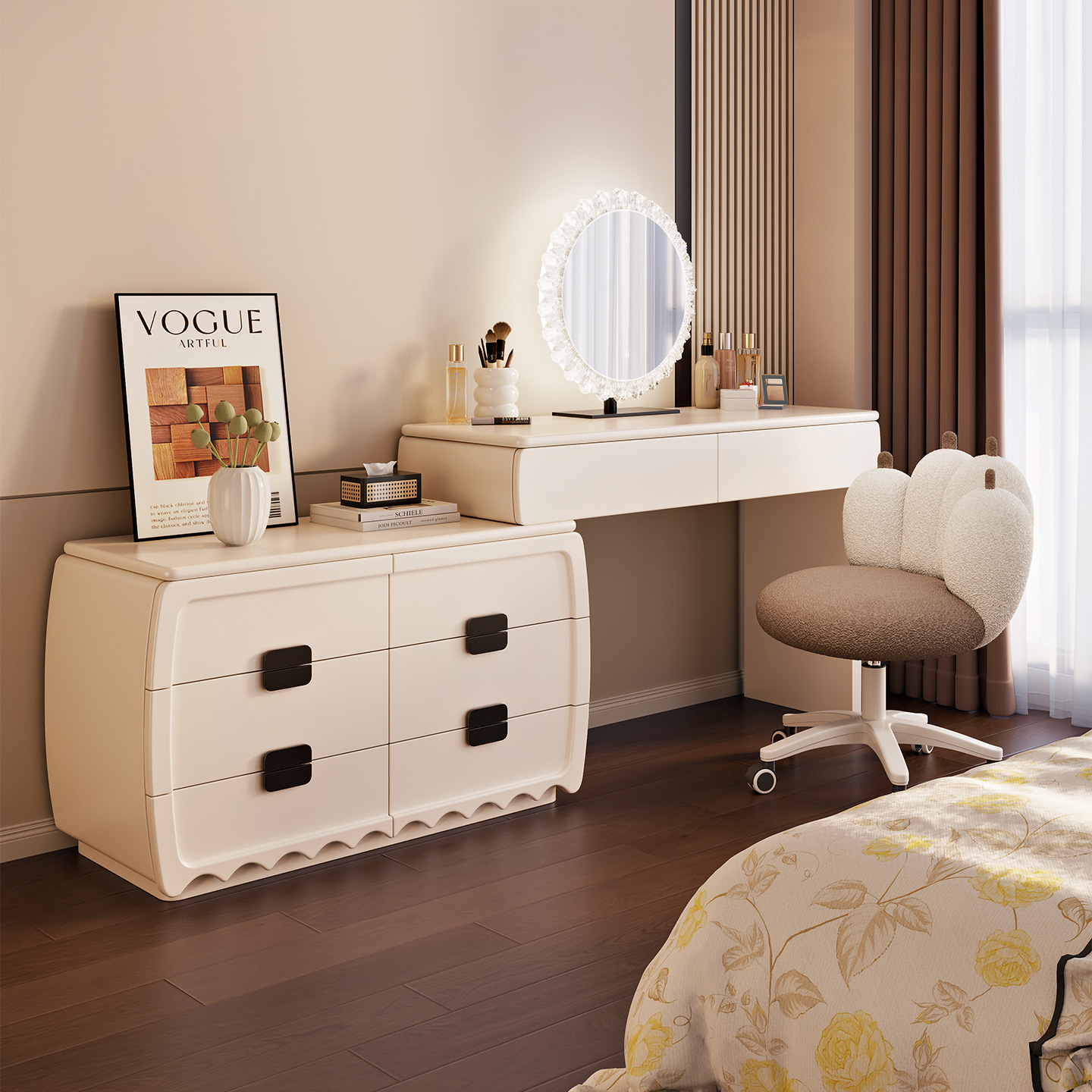 梳妆台斗柜一体2025新款现代卧室简约化妆桌奶油风高级床尾收纳柜