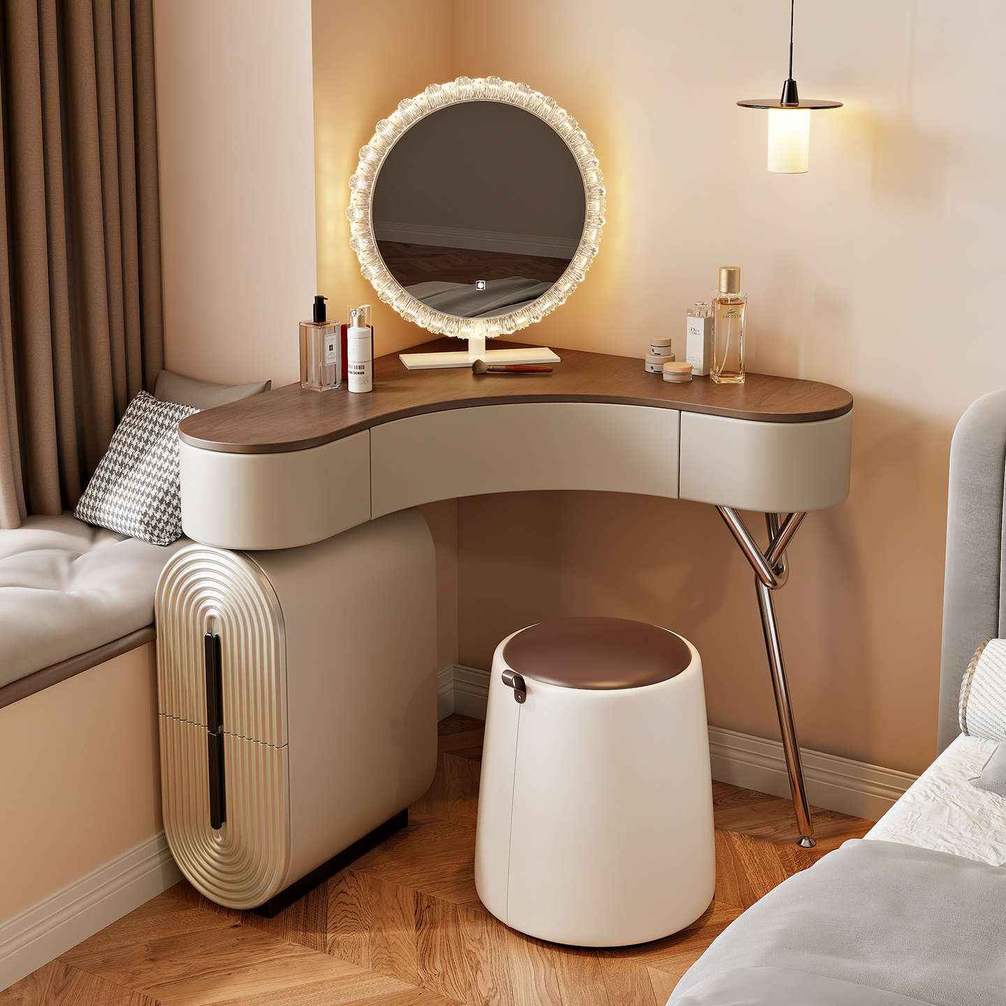 实木转角拐角小户型梳妆台中古风