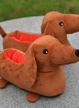 跨境新品 Dachshund plush slippers腊肠犬居家卧室冬季毛绒拖鞋