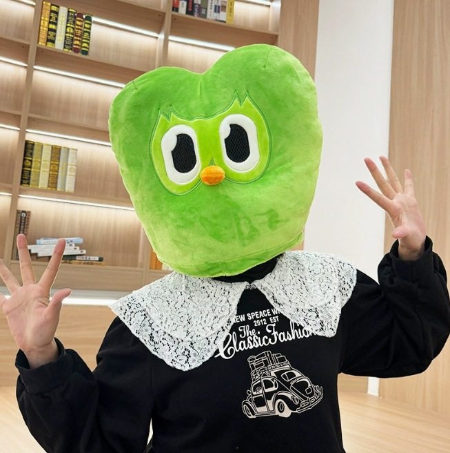 跨境Duolingo多邻国绿色猫头鹰头套毛绒玩抱枕公仔玩偶孩子礼物