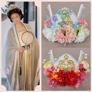 唐宋妆造云鬓簪花冠古风演出整顶假发套发饰仙气绢花珍珠头饰发冠