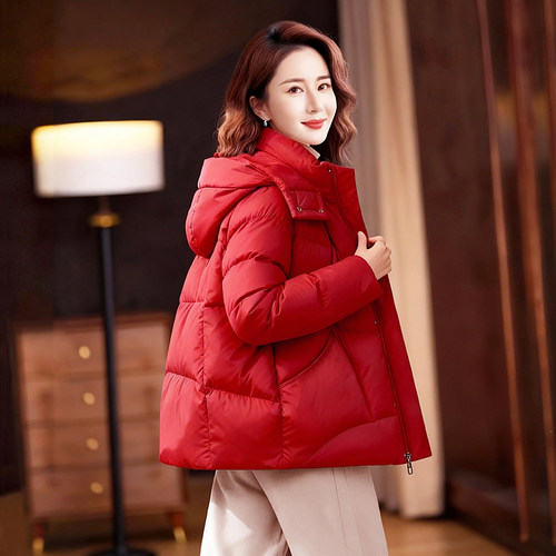 大码女装红色连帽棉服女短款