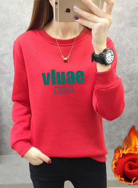加绒加厚卫衣女2025年韩版宽松保暖上衣服秋冬新款字母红色打底衫