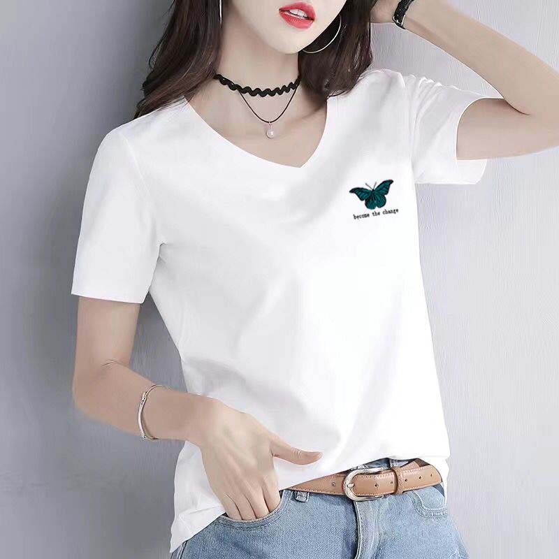ins白色上衣v领小图案创意t恤女