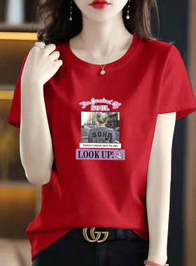 2025年夏季红色纯棉短袖t恤女大码宽松上衣潮ins百搭半袖女士体恤