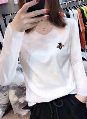白色ins纯棉内搭v领卡通上衣2025新款韩版长袖t恤女小众洋气体恤