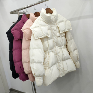 新款羽绒服女韩版中长款收腰时尚个性口袋披肩立领针织拼接外套潮