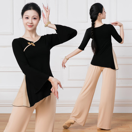 复古撞色盘扣古典舞民族舞中国舞飘逸练功形体身韵团体训练服上衣