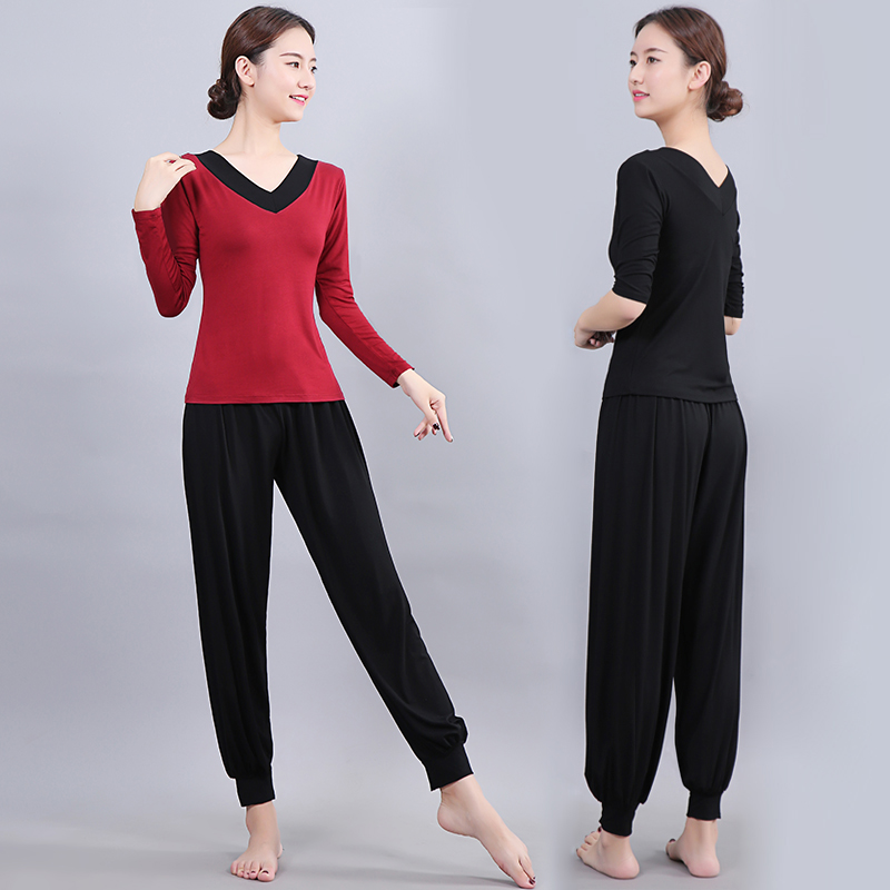 黑色灯笼裤套装V领舞蹈广场舞服
