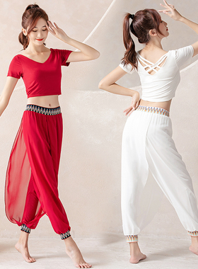 舞韵白色瑜伽服美背网格飘逸花边民族风束腿雪纺舞蹈服团体表演服