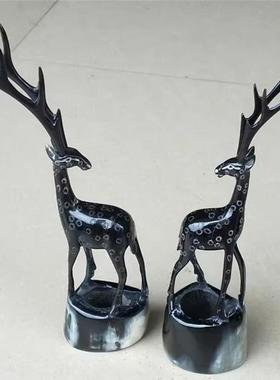 天然牛角雕刻梅花鹿摆件家居装饰