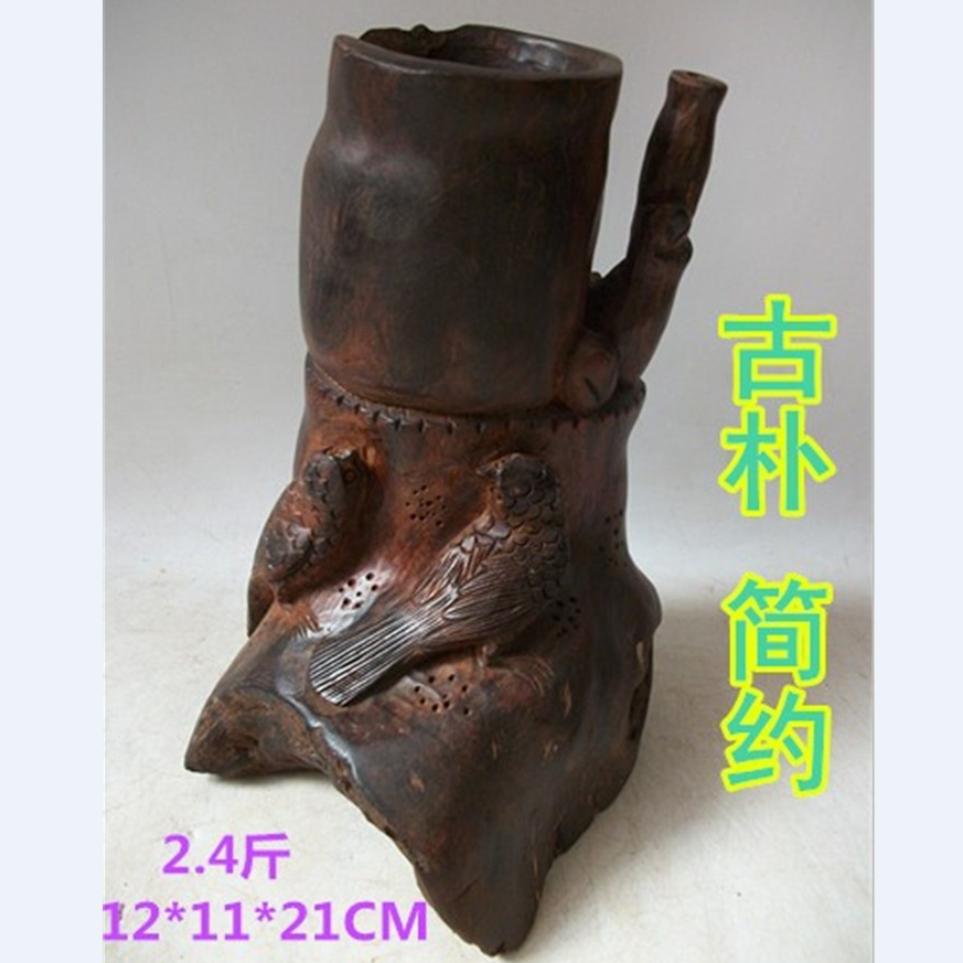 老挝大红酸枝花鸟笔筒 交趾黄檀动物木雕摆件 红木复古文房用品