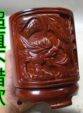缅甸草花梨木吉龙笔筒整木挖空
