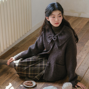 blushwhite 栗褐色羊驼毛荷叶领系带圈圈羊毛呢外套