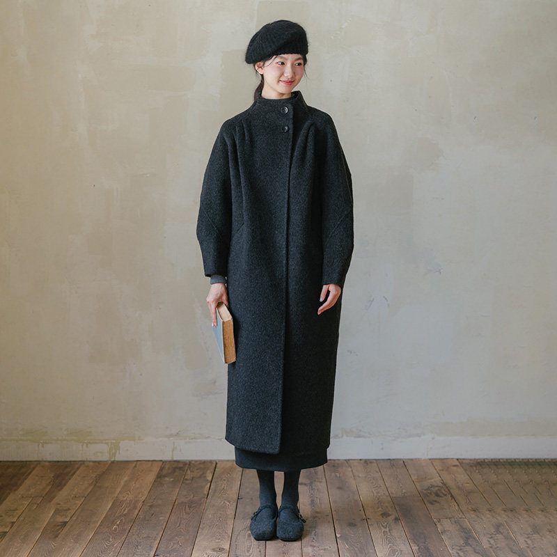 blushwhite 质感！牦牛绒真丝立领压褶毛呢长款大衣外套 炭黑