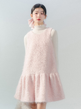 blushwhite “草莓舒芙蕾”粉色无袖闪闪毛茸茸连衣裙