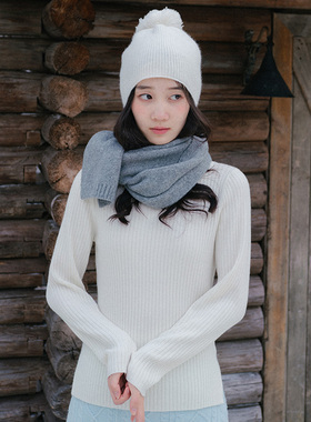 blushwhite 戴帽毛球坑条纹羊毛针织厚实打底衫 白色/红色