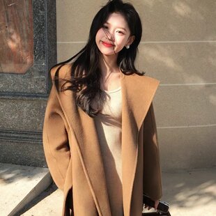 冬季长款连帽双面羊绒大衣女2025秋冬宽松大翻领系带高级感羊毛潮