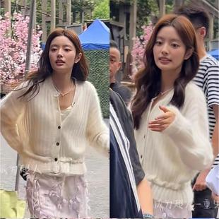 爱你徐若晗沈惜凡同款乳白色荷叶边针织衫秋冬法式甜美开衫毛衣潮